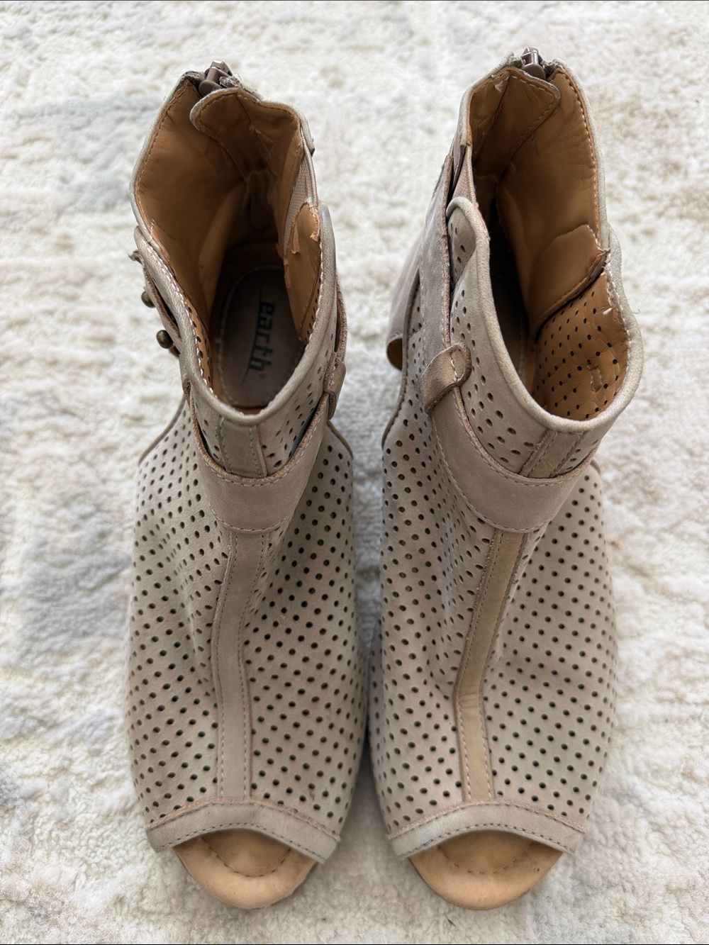 Earth Taupe Perforated Peep-Toe Ankle Booties